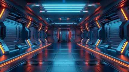 Aufkleber - A futuristic interior with an empty stage. An empty stage with modern futuristic background. A technology sci-fi hi tech concept. 3D rendered...