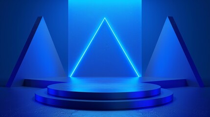 Leinwandbilder - A futuristic podium in 3D for displaying technology products on a blue background with triangular light. Modern cylinder podium perfect for gadgets, mobile phones, laptops, tablets, etc.