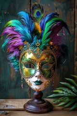 Poster - Close up of a mask on a wooden table, suitable for Halloween or mysterious themes
