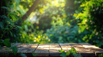 Poster - A wooden table standing in the middle of a forest. Suitable for nature and outdoor themes