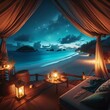AI illustration of a cozy beachside living space illuminated by candles and adorned with cushions