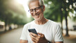 Cheerful senior man with glasses looking at his smartphone, enjoying a leisurely day in a tree-lined alley.