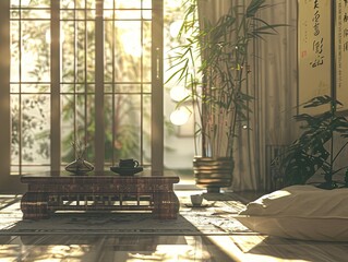 Poster - an oriental style room with sunlight coming through the windows and the floor