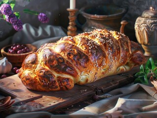 Poster - bread with lots of glaze on a wooden cutting board