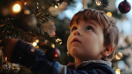Poster - A young boy reaching for a Christmas ornament. Suitable for holiday concepts