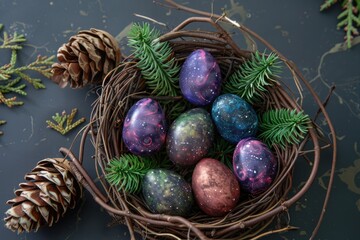 Wall Mural - a bowl of painted eggs sitting on a table surrounded by pine cones