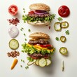 Overhead classic burger spread, flawless white, vivid detailing, appetizing look