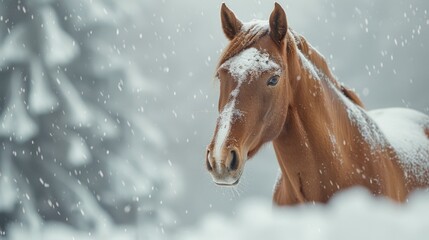 Wall Mural - A beautiful brown horse standing in a snowy field, perfect for winter-themed designs