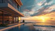 sunset in the ocean with a swimming pool and terrace furniture