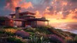a house sits on a hillside overlooking the ocean during a colorful sunset