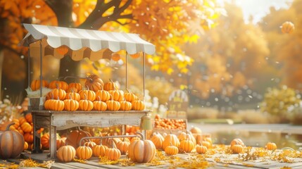 Sticker - This is a 3D rendering of an abstract autumn landscape scene consisting of a product stand and pumpkins.