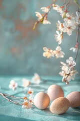 Poster - Three eggs arranged on a blue table. Suitable for food and cooking concepts