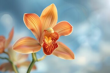 Poster - a close up of an orange flower against a blue sky