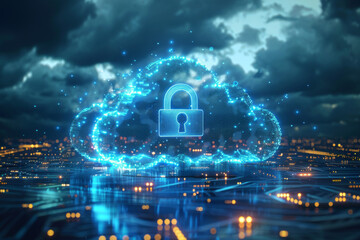 Wall Mural - Cyber internet Cloud security or data storage of network protection with padlock sign light, futuristic virtual technology with cloud glowing light background.