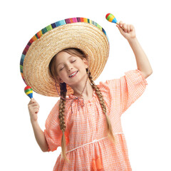 Wall Mural - Cute girl in Mexican sombrero hat dancing with maracas on white background