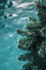 Poster - Close up of a pine tree with water in the background. Suitable for nature and outdoor themes