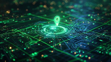 Poster - Interface of future spies program. GPS tracking, scanning software, green marker on map. Satellite view. High-tech. Concept illustration in 3D.