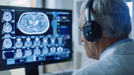 Poster - Man Wearing Headphones Working on Computer Screen