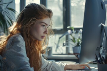 Aufkleber - A woman sitting at a desk using a computer. Suitable for office and technology concepts