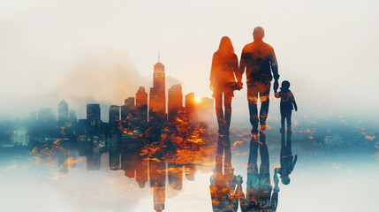 Wall Mural - Within the area with a white background, the Double Exposure of the person, family, woman reflects a joyful expression. A livable world happy concept.