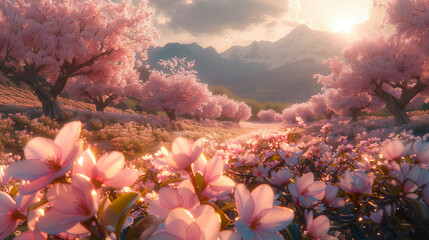 Wall Mural - blossoming almond trees in the foreground, mountains in the background