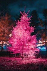 Poster - A beautiful pink Christmas tree illuminated at night. Perfect for holiday-themed designs