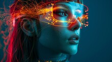CG Render Of A Young Cybergirl Wearing Augmented Reality Glasses With Glowing Red And Yellow Wires On Dark Blue Background.