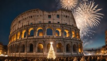 Fireworks Lights Up The Sky Above The Coliseum In Rome With Christmas Trees In Front