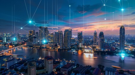 Aufkleber - Smart city concept with digitalization using wireless networks and connections with an abstract Bangkok city background