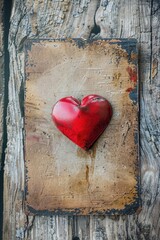 Poster - A red heart shape on a piece of wood, perfect for romantic concepts