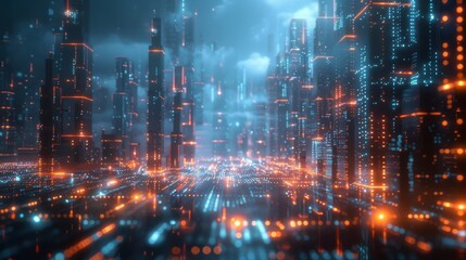 Aufkleber - The Metaverse in a panoramic view. Futuristic city light background. Background. Digital technologies Concept. Cityscape Futuristic 3D render.