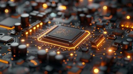 Leinwandbilder - A 3D illustration of a CPU concept on a motherboard with a digital chip. Technology background. An integrated communication processor.