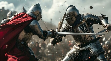 Poster - two knights fight in a field during the day's battle