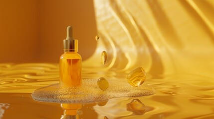 Poster - Isolated 3D yellow collagen skin serum with a vitamin background. Concept skin care cosmetics. Rendering in 3D.