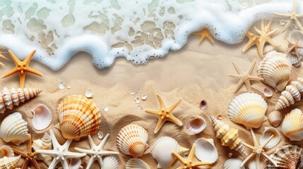 Poster - A sandy beach with scattered shells and starfish. Ideal for travel and vacation concepts