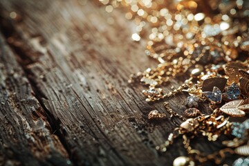 Poster - A collection of gold and silver jewelry displayed on a wooden surface. Perfect for fashion and luxury themed projects