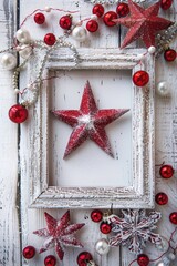 Poster - Festive red star frame with Christmas ornaments, ideal for holiday designs