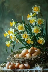Poster - Fresh eggs in a nest surrounded by daffodils, perfect for springtime designs
