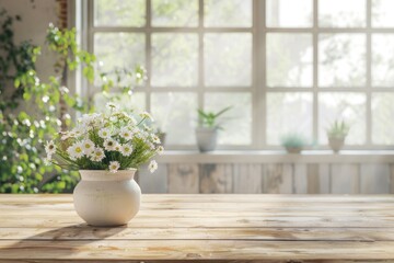 Poster - White flowers in white vase on wooden table. Perfect for home decor