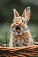 Poster - Adorable brown and white rabbit sitting in a basket. Perfect for Easter or animal themed projects
