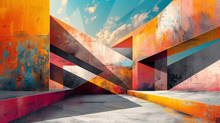 Wall Mural - AI generated illustration of confluence of contrasts featuring brutalism and abstract vibrancy