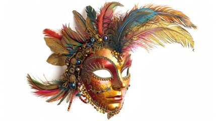 Aufkleber - Elegant gold mask with feathers on a white background, perfect for masquerade events