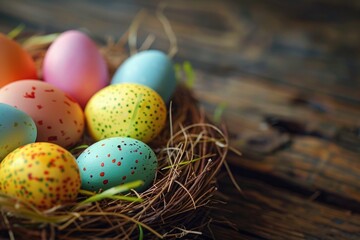 Aufkleber - A nest filled with colorful Easter eggs on a wooden table. Perfect for Easter holiday designs