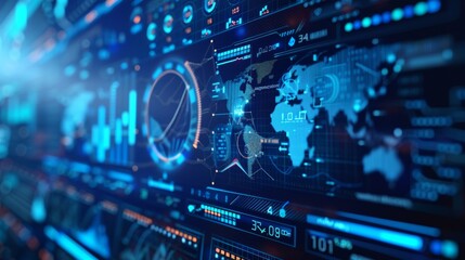 Poster - Digital dashboard panel with head-up display, blue holograms of circular diagrams, statistical graphs.