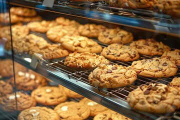 Wall Mural - AI generated illustration of a display of assorted chocolate chip cookies on a bakery shelf