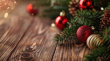 Aufkleber - A wooden table adorned with Christmas decorations, perfect for holiday celebrations