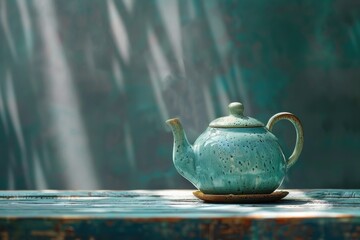 Poster - Teapot sitting on a table in front of a waterfall. Ideal for travel and relaxation concepts