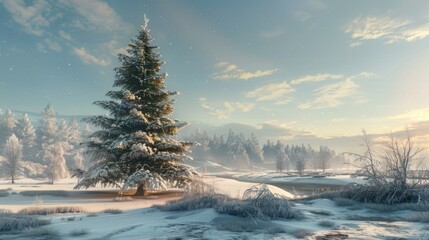 Poster - A snowy landscape with a pine tree in the foreground. Suitable for winter-themed designs