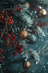 Poster - Festive close-up of a Christmas tree with ornaments, perfect for holiday designs