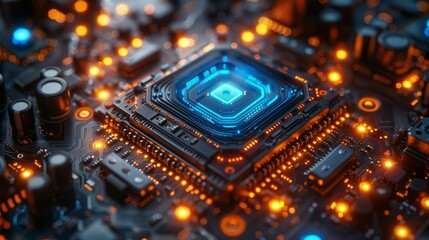 Aufkleber - Technology of crystal semiconductor chip manufacturing. Robotic arm manufacturing silicon processors on crystal semiconductors. Electronics industry equipment. Nanotechnology chip manufacturing